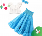 Encanto 3 pièces : Crop top + Jupe maxi samba + Bandeau assorti - Bleu