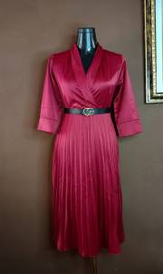 Robe col V + Ceinture - Rouge bordeaux